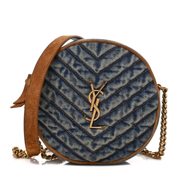 SAINT LAURENT Denim Quilted Monogram Round Crossbody Bag Rodeo Blue 1